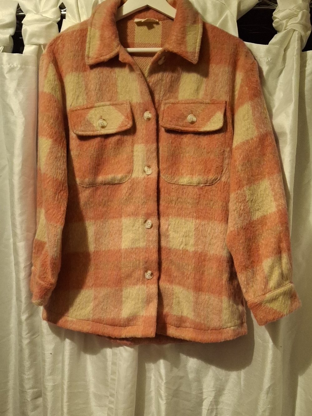 Vanilla Bay Peach & Cream Plaid Teddy Shacket Small